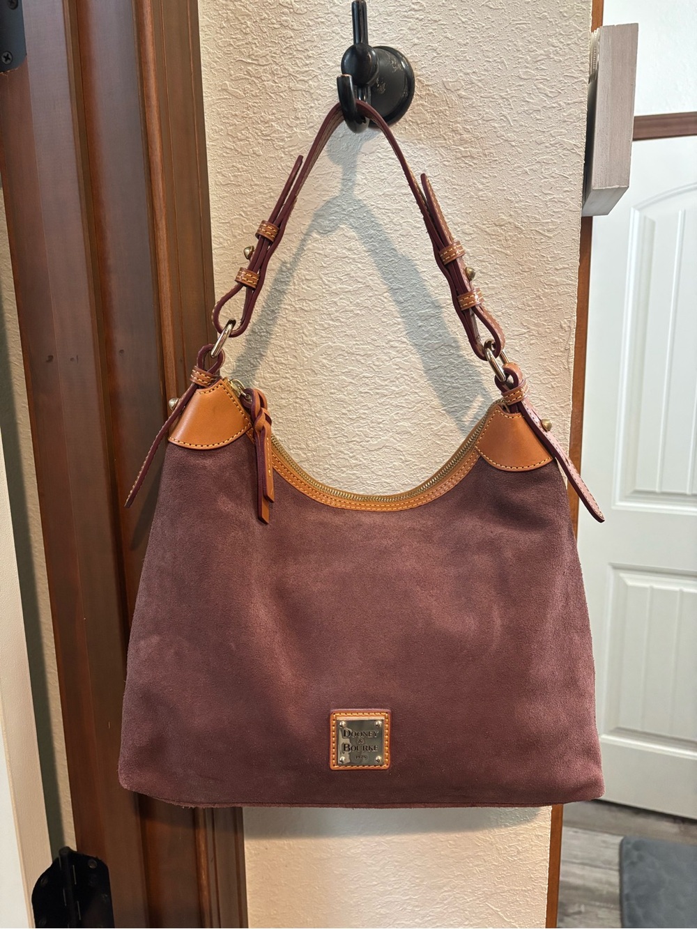 Dooney & Bourke Suede Shoulder Bag in Burgundy and Tan